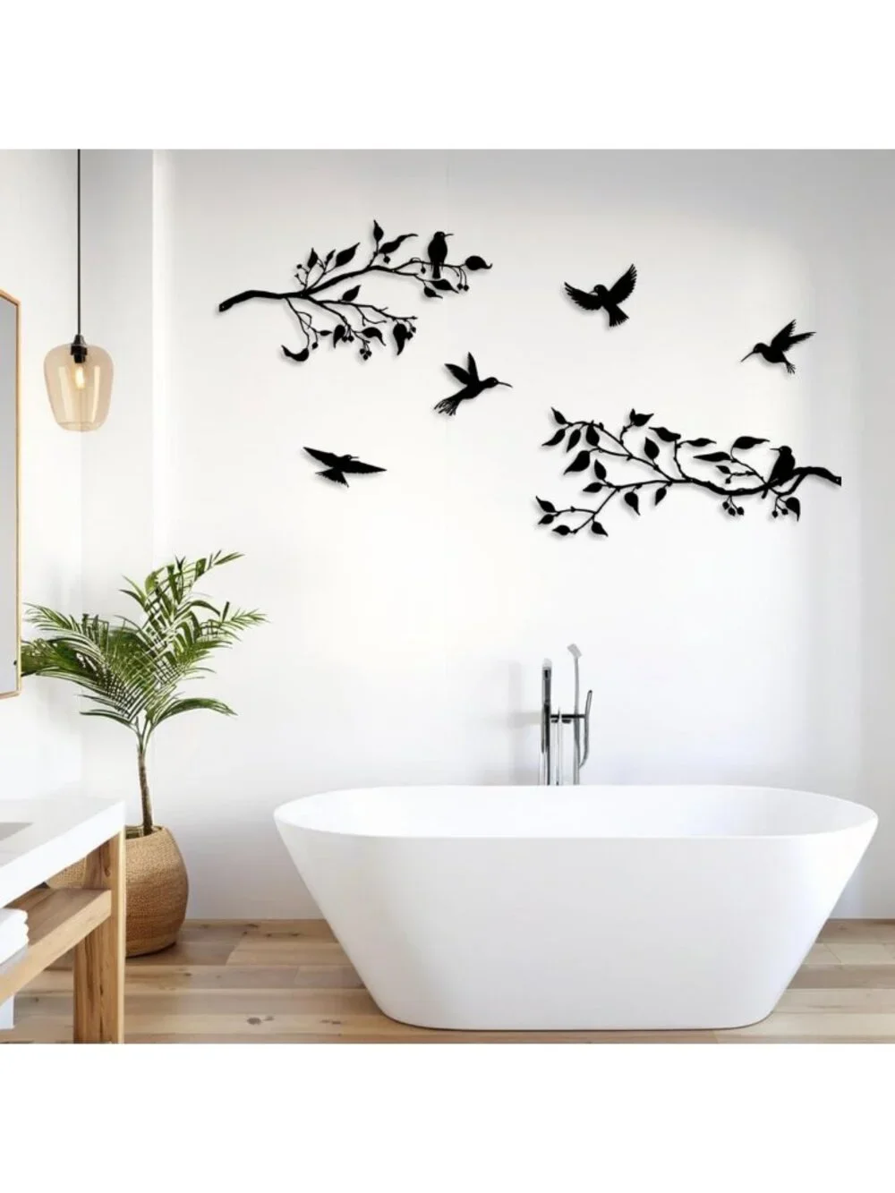 4PCS Large Metal Wall Art Decor - Birds on Branches, Black Leaves, Hummingbirds